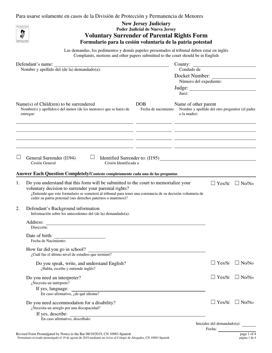 Form 10983 Voluntary Surrender of Parental Rights Form - New Jersey (English / Spanish), Page 1