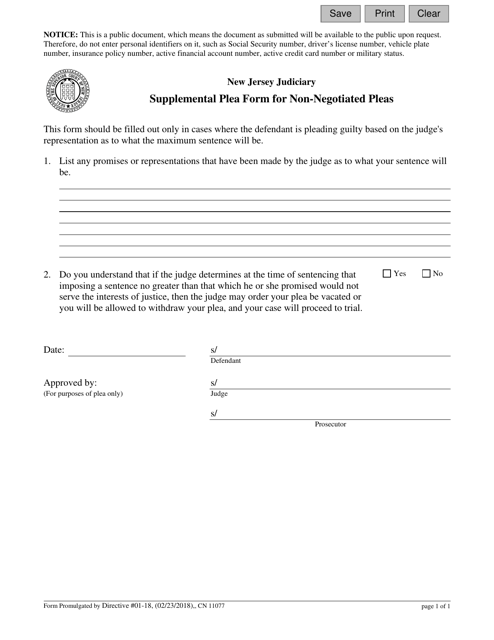 Form 11077 Supplemental Plea Form for Non-negotiated Pleas - New Jersey