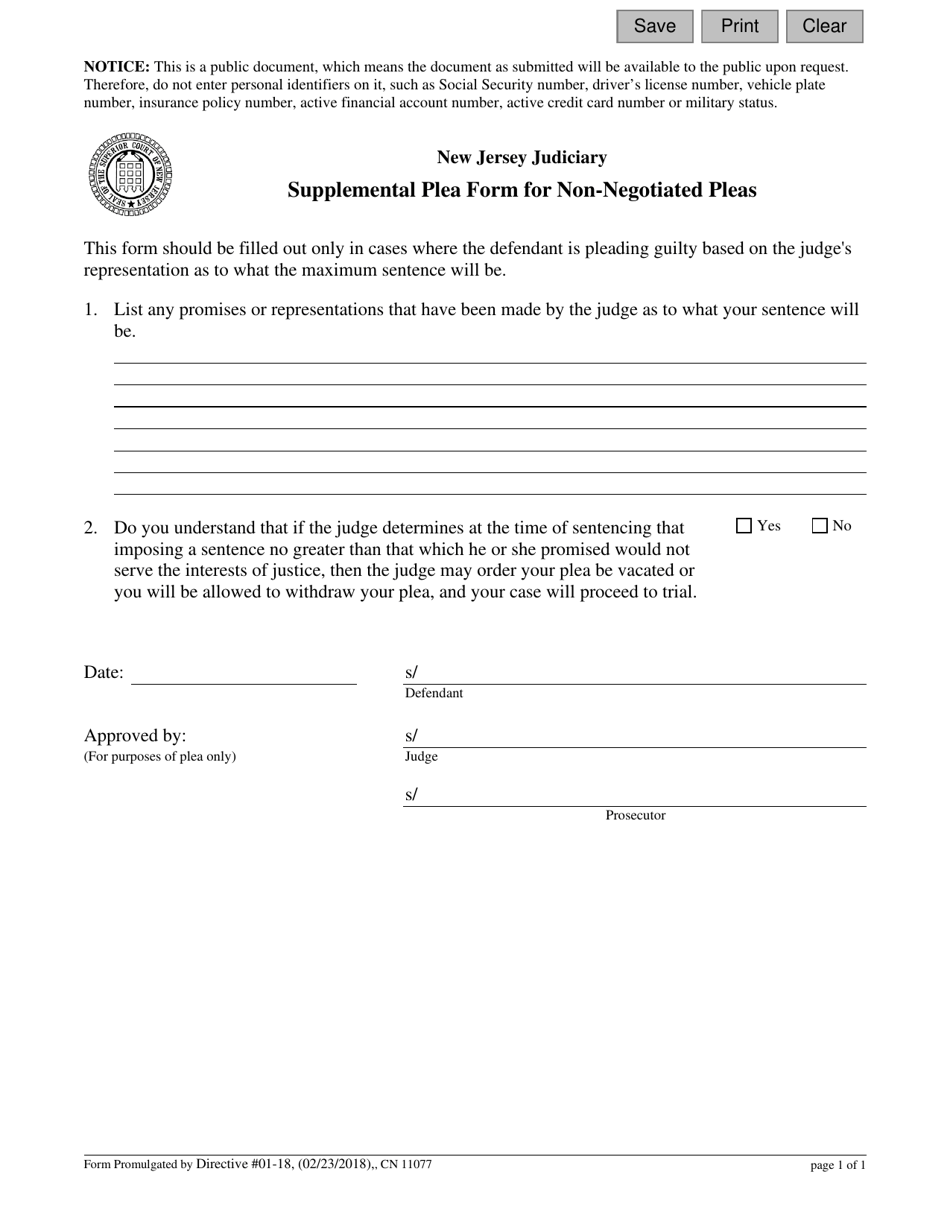 Form 11077 Supplemental Plea Form for Non-negotiated Pleas - New Jersey, Page 1
