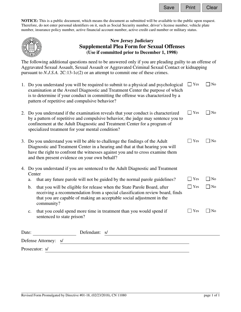 Form 11080 Supplemental Plea Form for Sexual Offenses (Use if Committed Prior to December 1, 1998) - New Jersey, Page 1