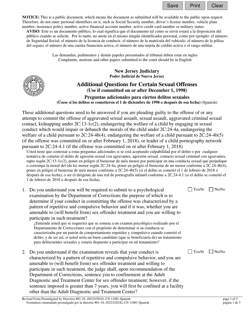 Form 11081 Additional Questions for Certain Sexual Offenses (Use if Committed on or After December 1, 1998) - New Jersey (English / Spanish), Page 1