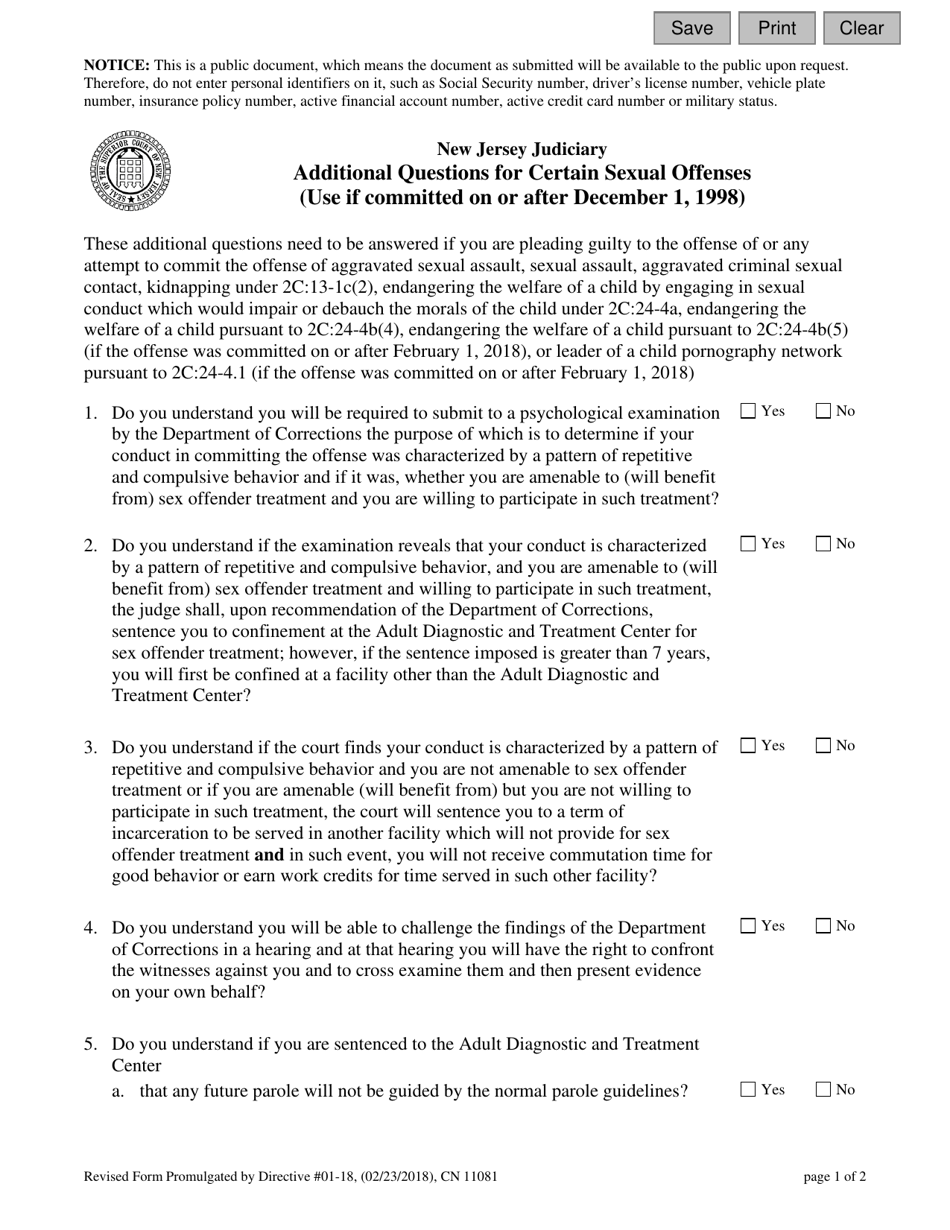 Form 11081 Additional Questions for Certain Sexual Offenses Committed on or After December 1, 1998 - New Jersey, Page 1