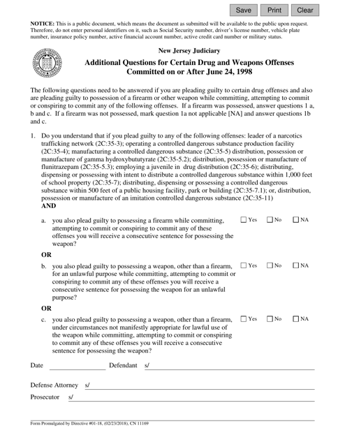 Form 11169 Additional Questions for Certain Drug and Weapons Offenses Committed on or After June 24, 1998 - New Jersey