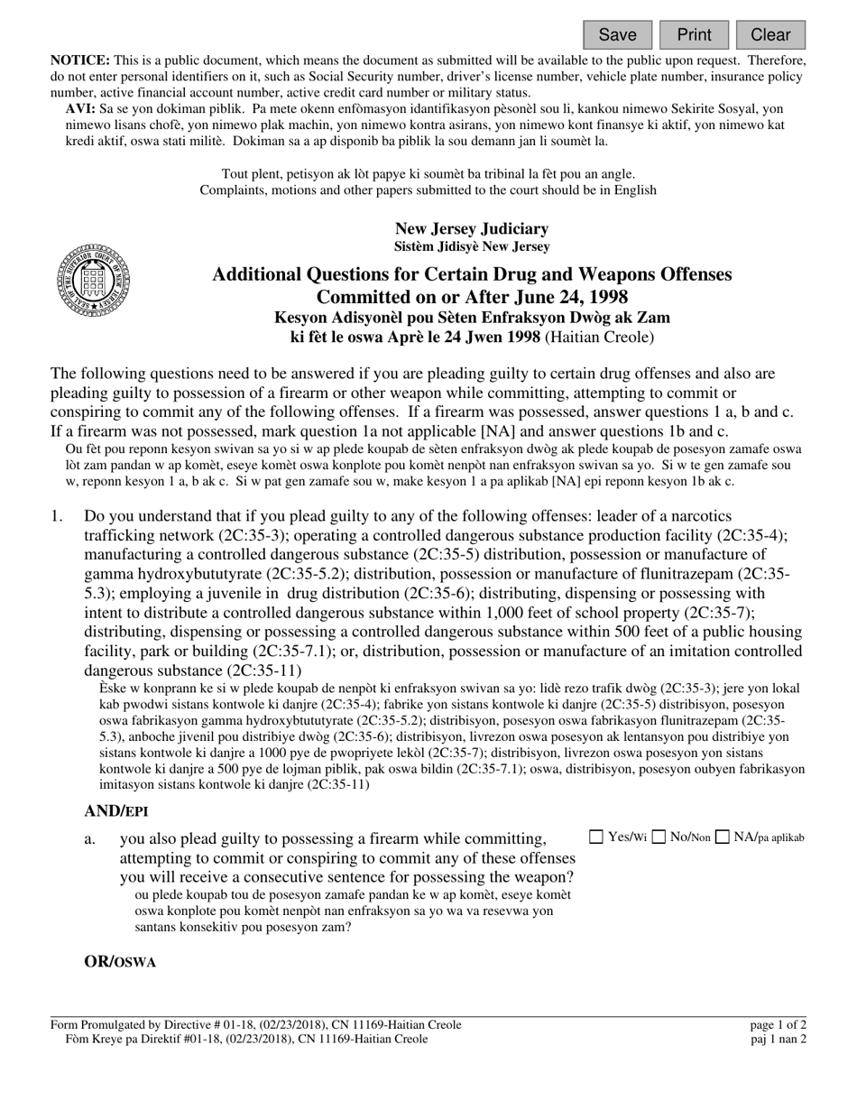 Form 11169 Additional Questions for Certain Drug and Weapons Offenses Committed on or After June 24, 1998 - New Jersey (English / Haitian Creole), Page 1