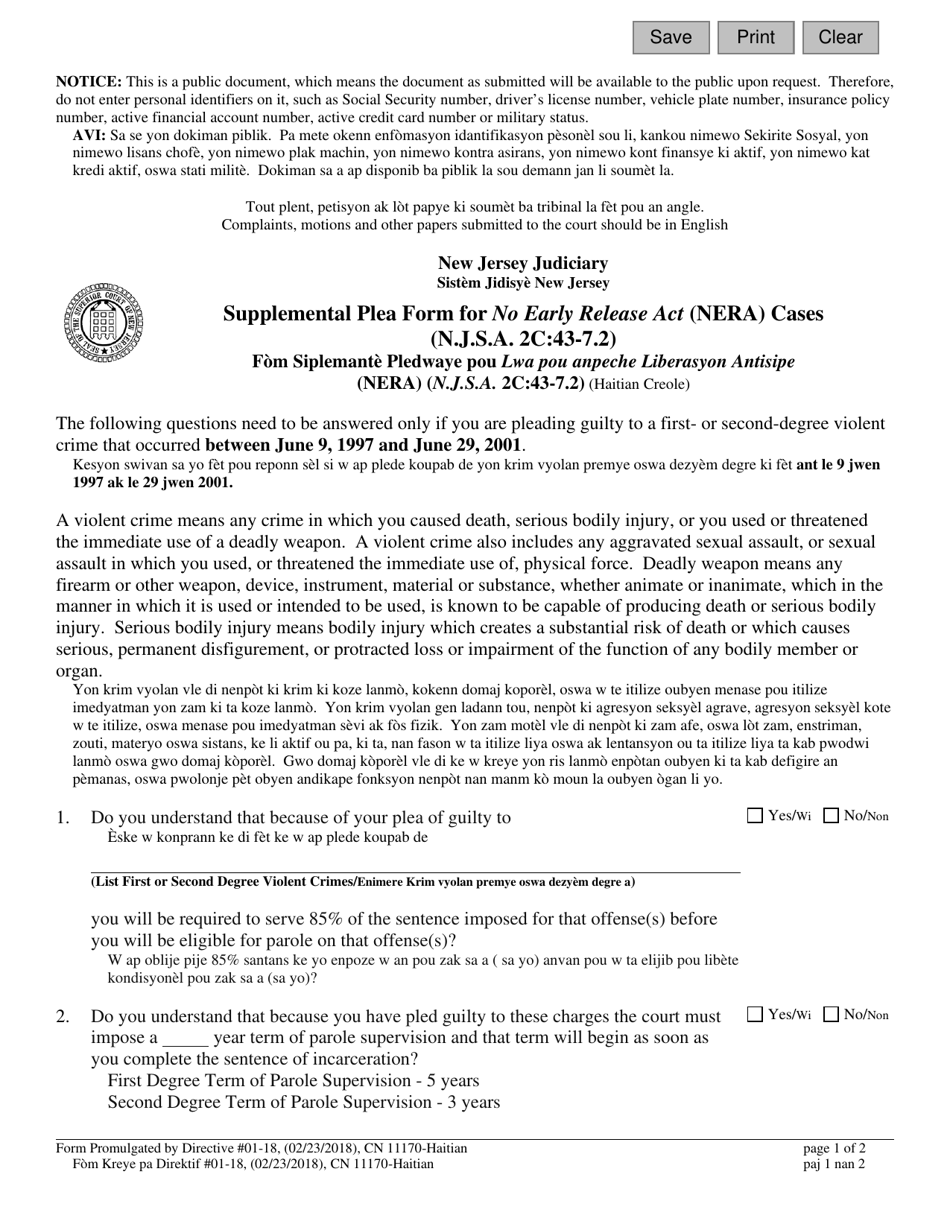 Form 11170 Supplemental Plea Form for No Early Release Act (Nera) Cases (N.j.s.a. 2c:43-7.2) - New Jersey (English / Haitian Creole), Page 1