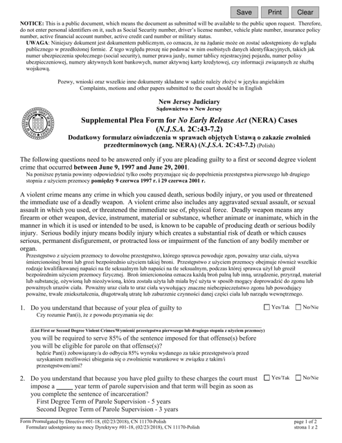Form 11170 Supplemental Plea Form for No Early Release Act (Nera) Cases (N.j.s.a. 2c:43-7.2) - New Jersey (English/Polish)