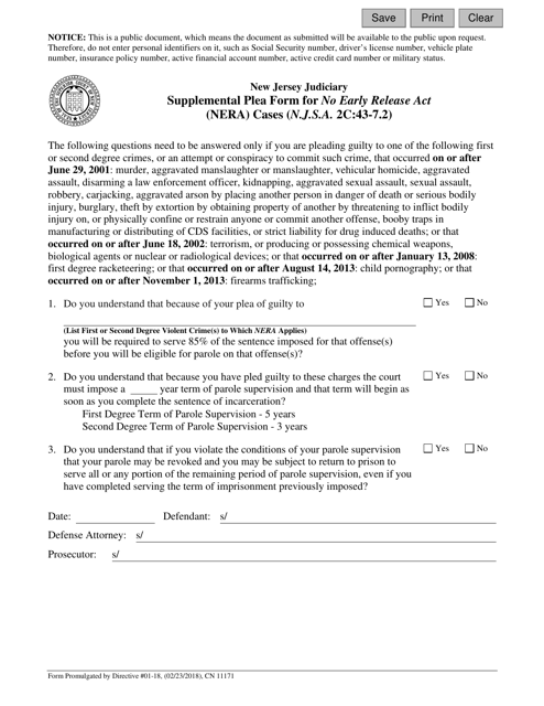 Form 11171 Supplemental Plea Form for No Early Release Act (Nera) Cases (N.j.s.a. 2c:43-7.2) - New Jersey