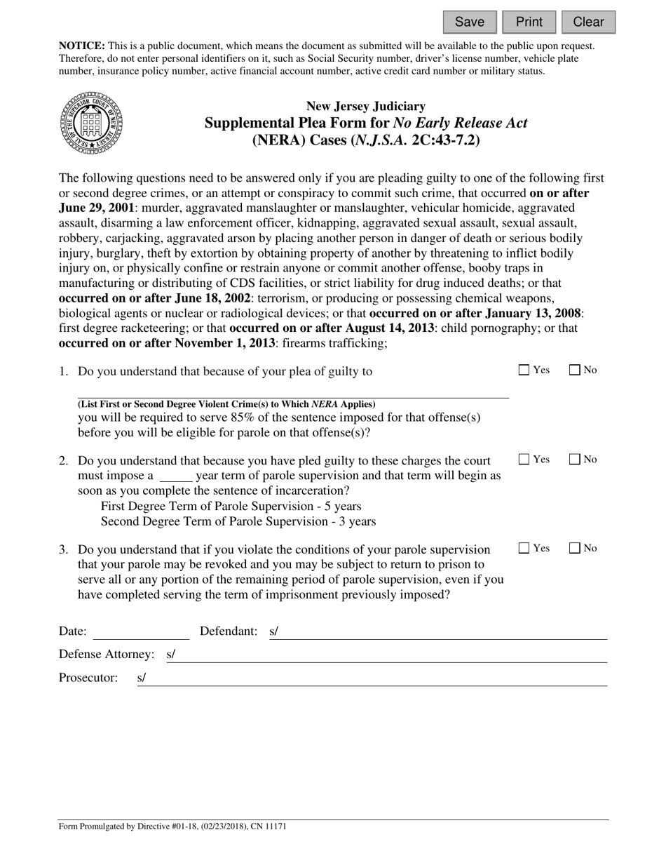 Form 11171 Supplemental Plea Form for No Early Release Act (Nera) Cases (N.j.s.a. 2c:43-7.2) - New Jersey, Page 1