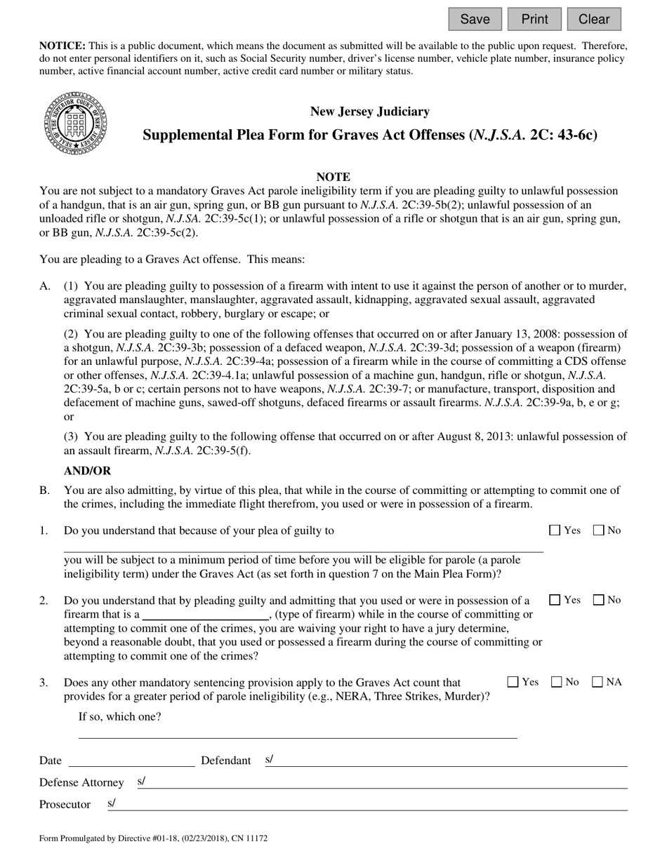 Form 11172 Supplemental Plea Form for Graves Act Offenses (N.j.s.a. 2c: 43-6c) - New Jersey, Page 1
