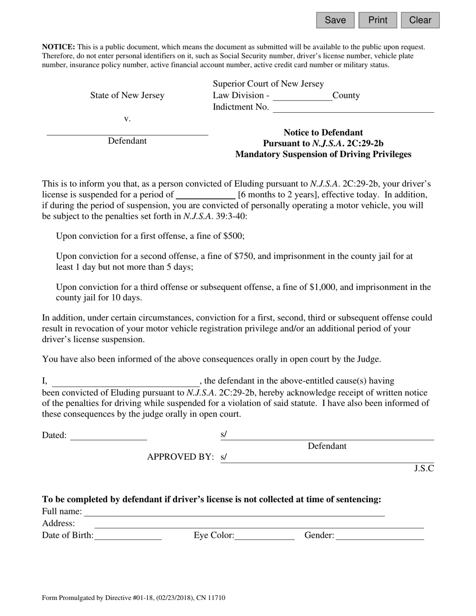 Form 11710 Notice to Defendant Pursuant to N.j.s.a. 2c:29-2b Mandatory Suspension of Driving Privileges - New Jersey, Page 1