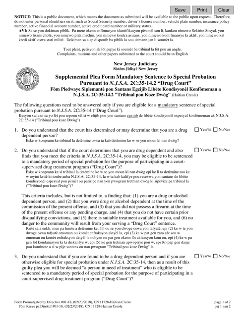 Form 11728 Supplemental Plea Form Mandatory Sentence to Special Probation Pursuant to N.j.s.a. 2c:35-14.2 "drug Court" - New Jersey (English/Haitian Creole)