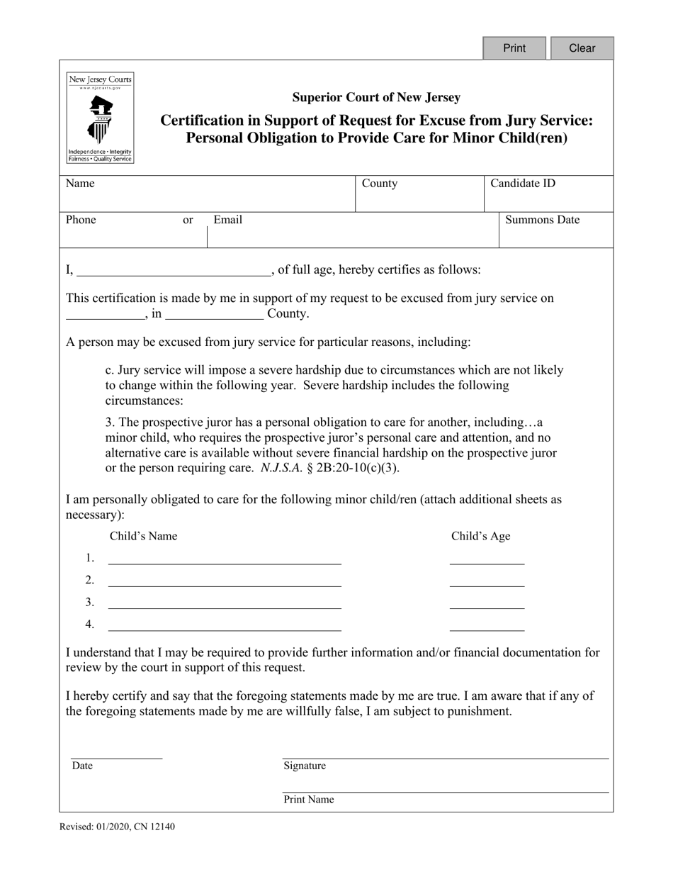 Form 12140 Certification in Support of Request for Excuse From Jury Service: Personal Obligation to Provide Care for Minor Child(Ren) - New Jersey, Page 1