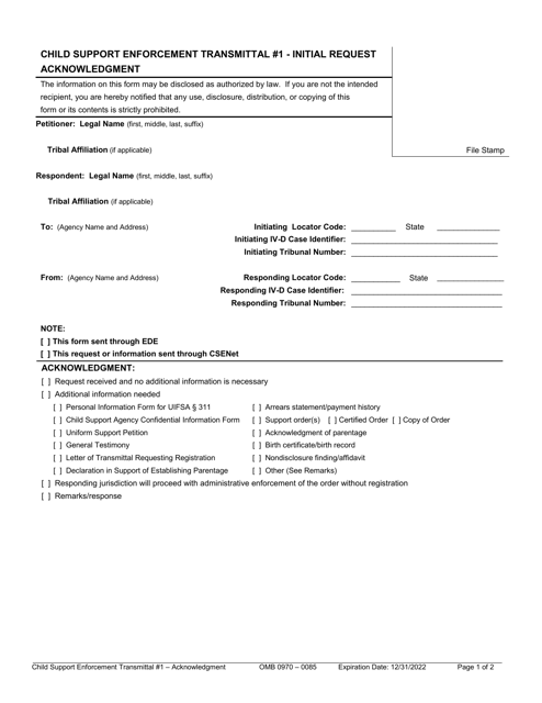 Child Support Enforcement Transmittal #1 - Initial Request Acknowledgment Download Pdf
