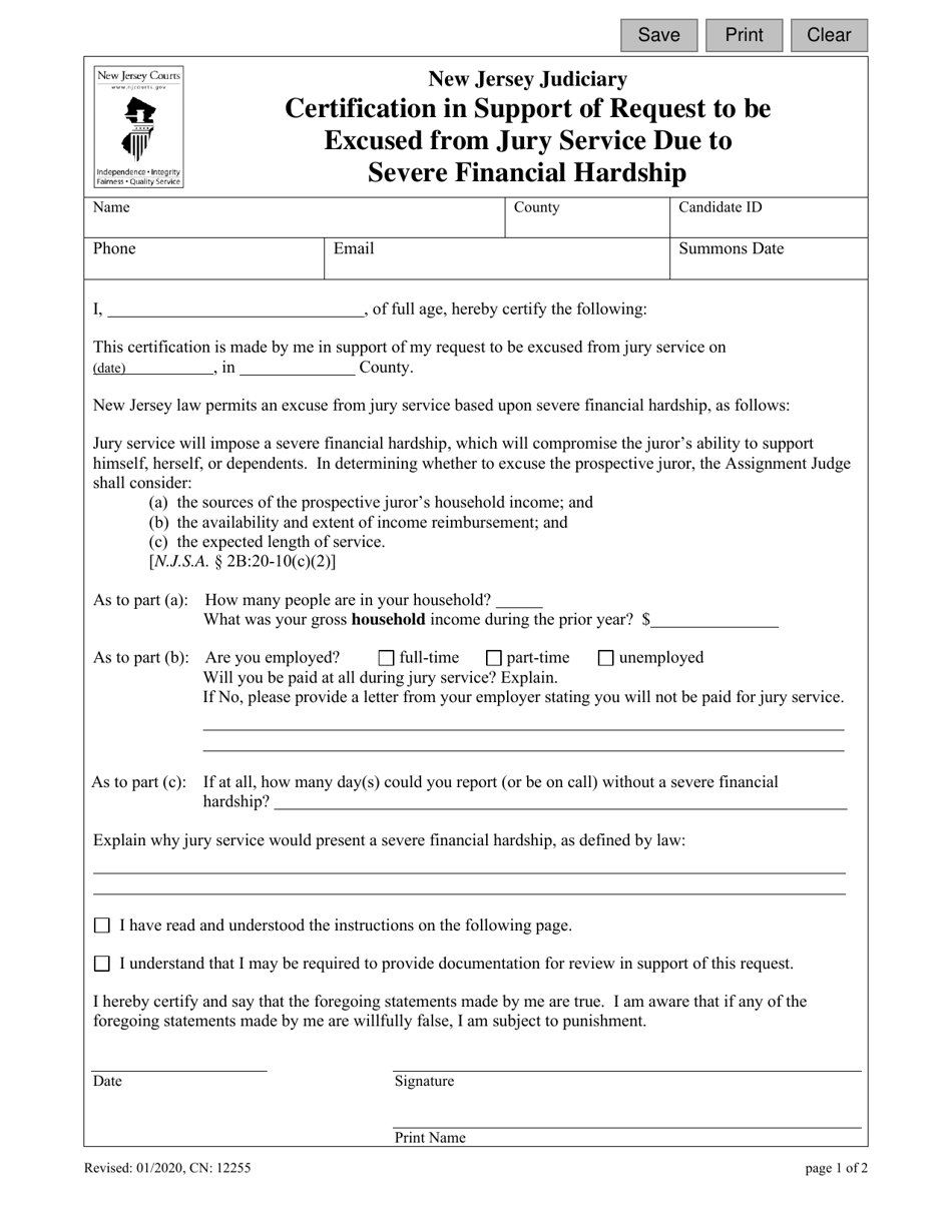 Form 12255 Certification in Support of Request to Be Excused From Jury Service Due to Severe Financial Hardship - New Jersey, Page 1