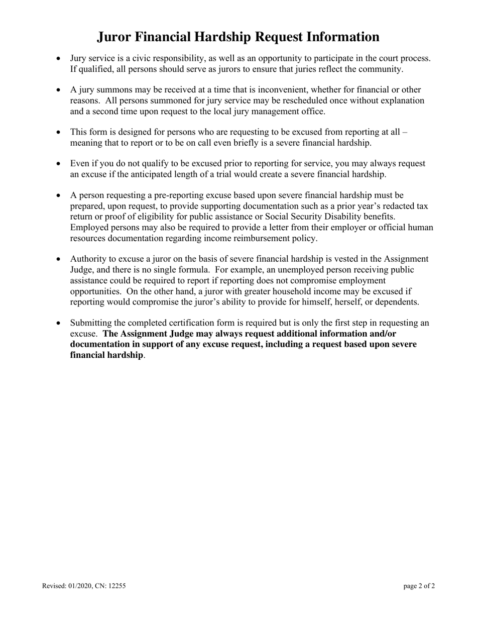 Form 12255 Certification in Support of Request to Be Excused From Jury Service Due to Severe Financial Hardship - New Jersey, Page 2