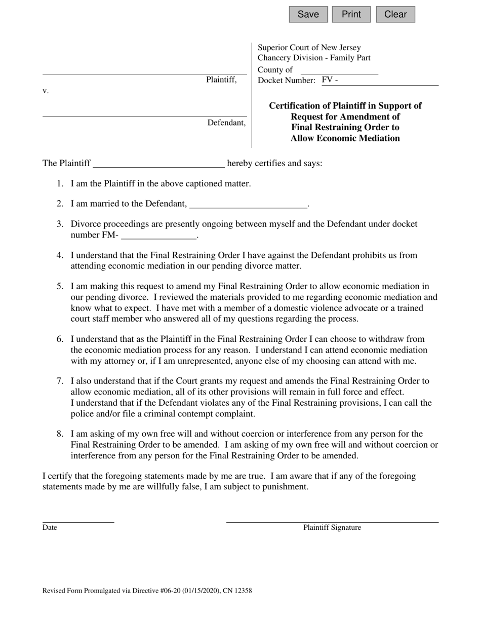 Form 12358 Certification of Plaintiff in Support of Request for Amendment of Final Restraining Order (Fro) to Allow Economic Mediation - New Jersey, Page 1