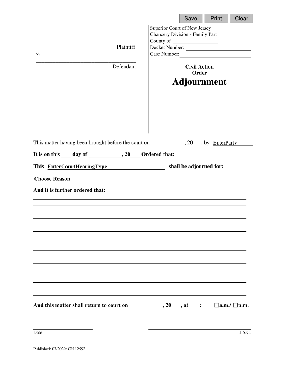 Form 12592 Universal Family Adjournment Order - New Jersey, Page 1