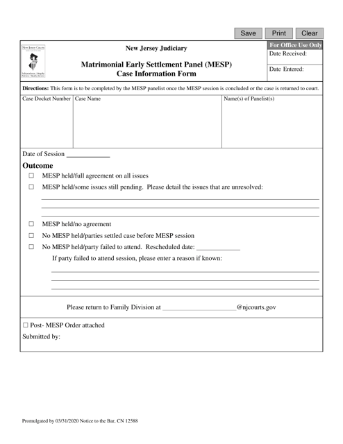Form CN12588 Matrimonial Early Settlement Panel (Mesp) Case Information Form - New Jersey