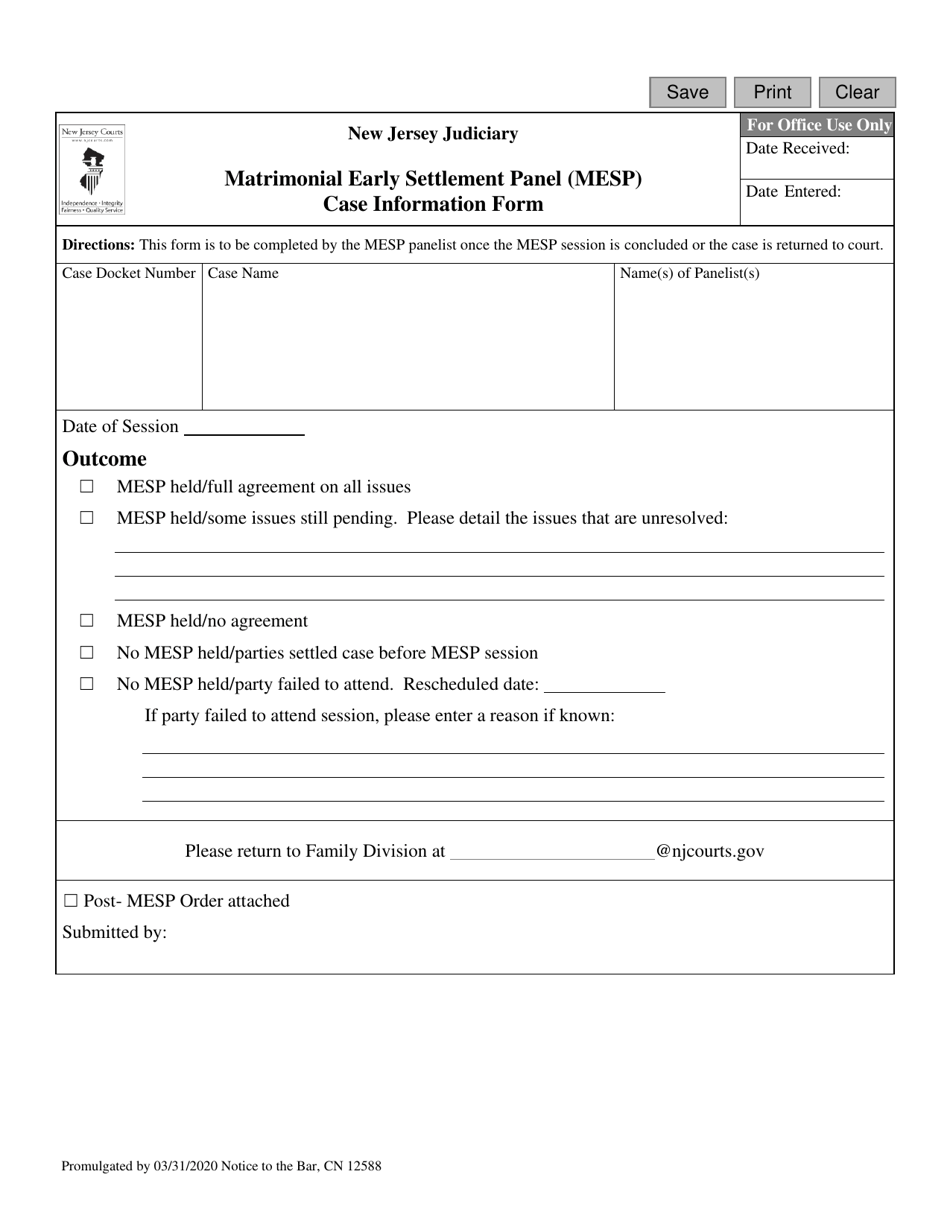Form CN12588 Matrimonial Early Settlement Panel (Mesp) Case Information Form - New Jersey, Page 1