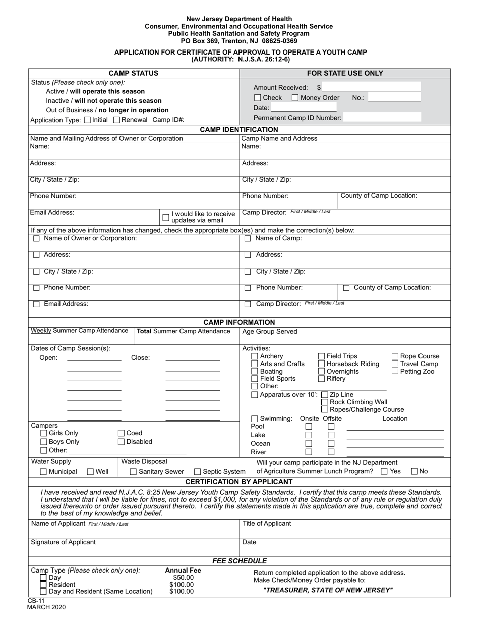 Form CB-11 Application for Certificate of Approval to Operate a Youth Camp - New Jersey, Page 1