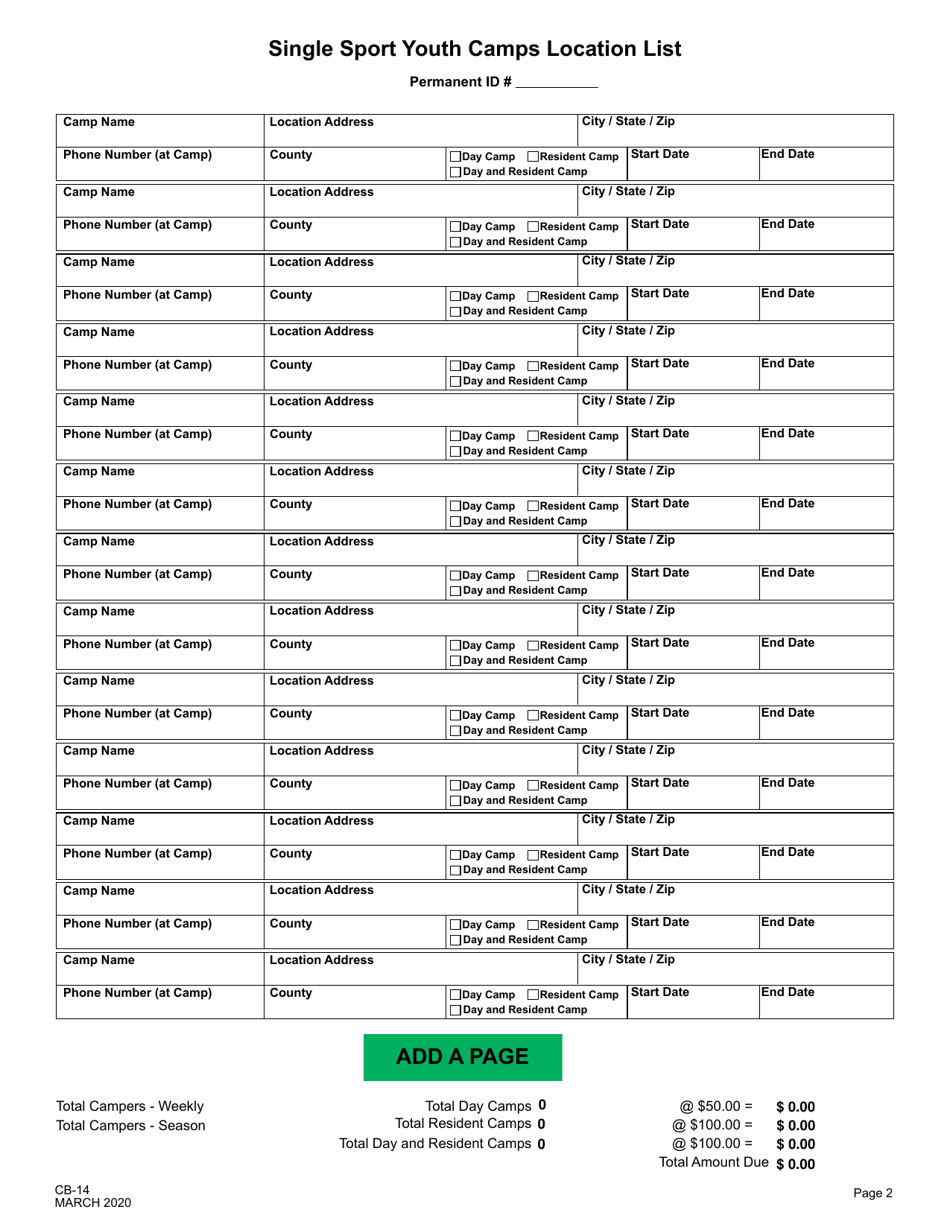 Form CB-14 Application for Certificate of Approval to Operate a Youth Camp (Single Sport Youth Camp (Ssyc)) - New Jersey, Page 2