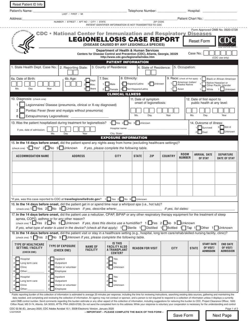 Form CDC52.56 Legionellosis Case Report, Page 1