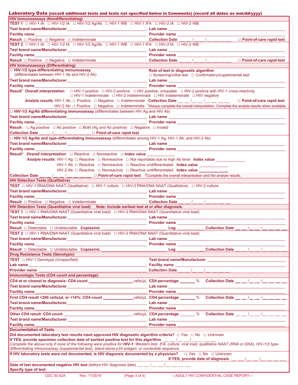 Form CDC50.42A Adult HIV Confidential Case Report Form, Page 3