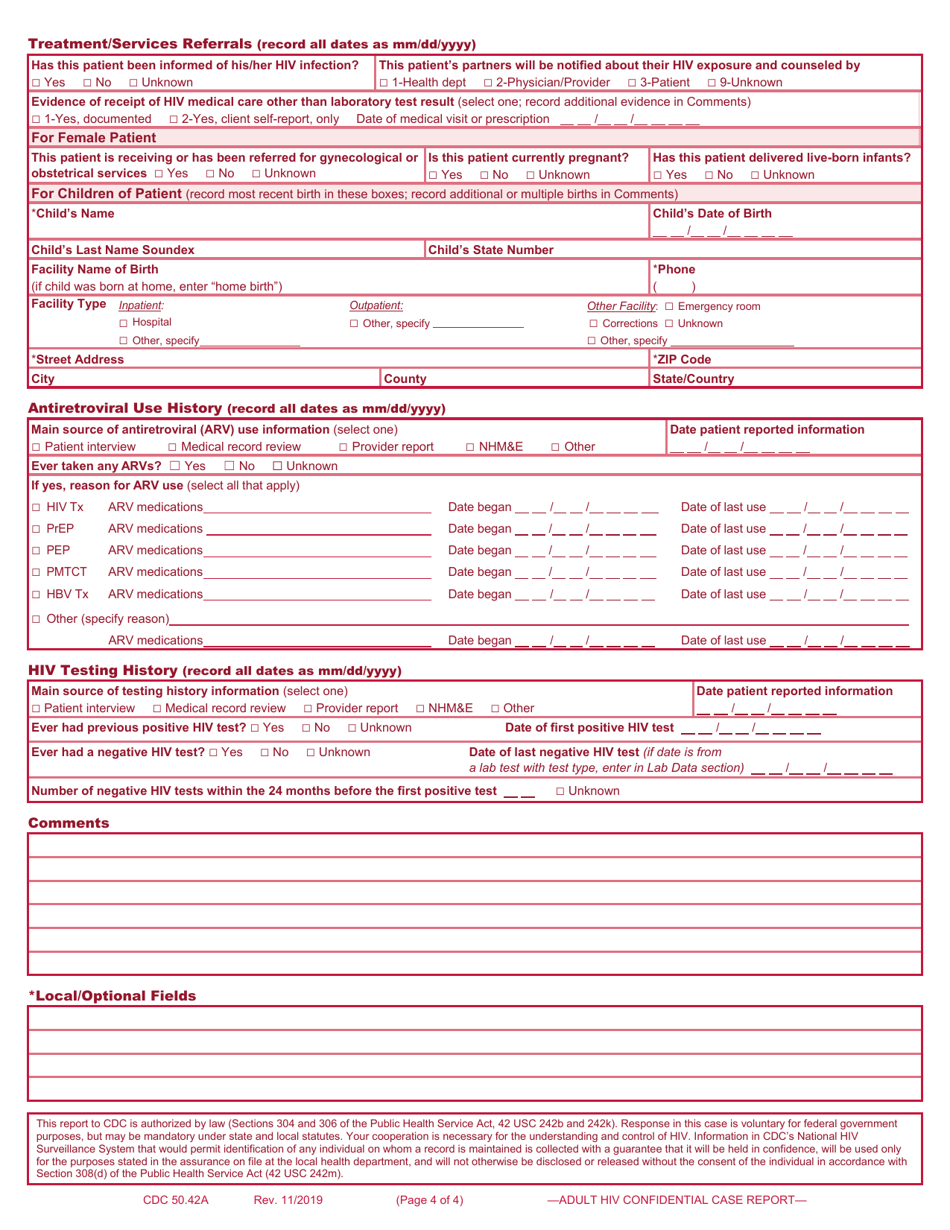 Form CDC50.42A Adult HIV Confidential Case Report Form, Page 4