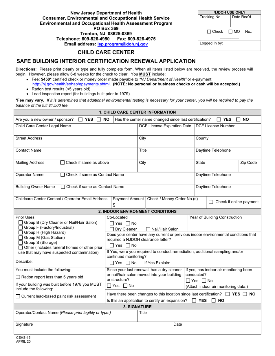 Form CEHS-15 Child Care Center Safe Building Interior Certification Renewal Application - New Jersey, Page 1