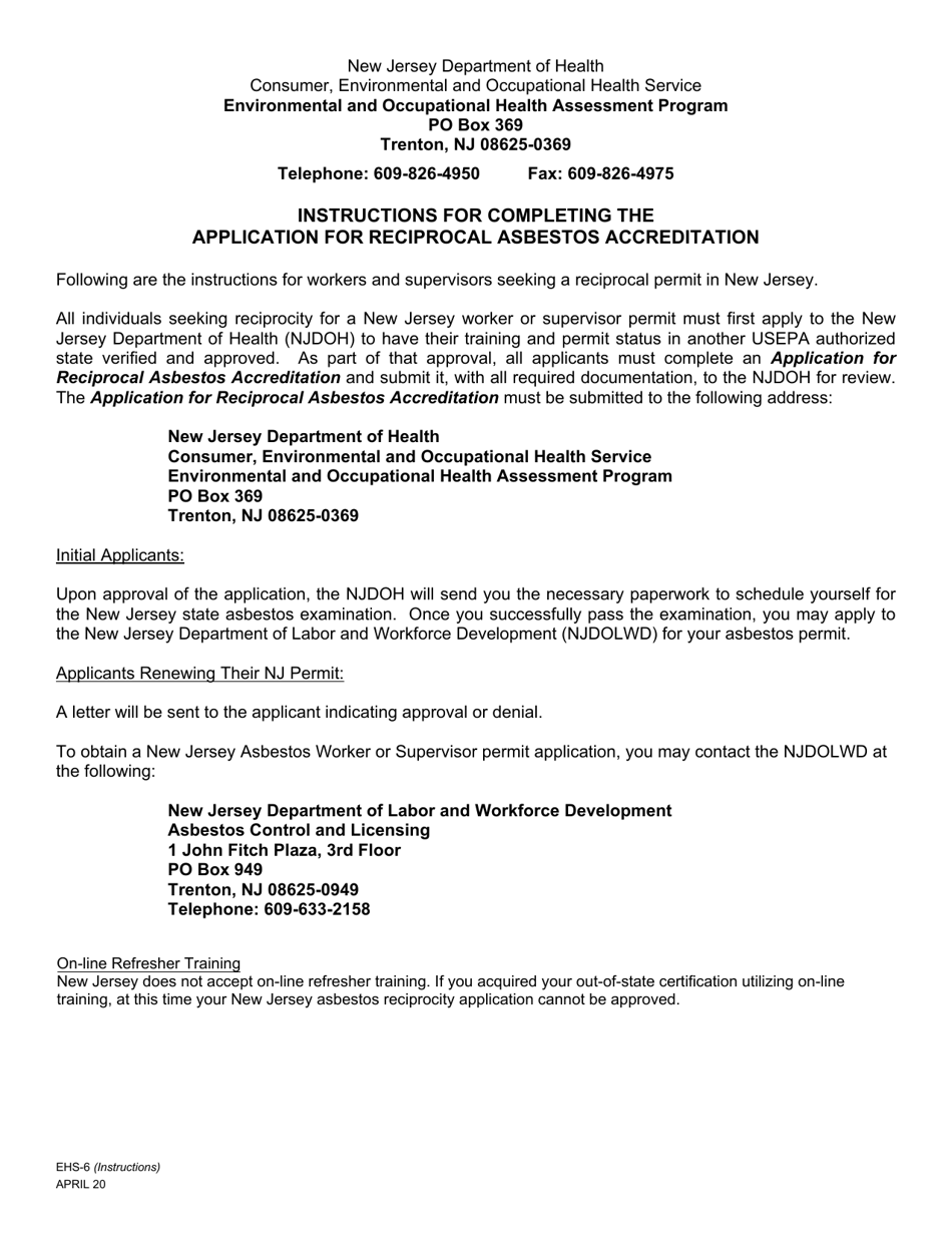 Form EHS-6 Application for Reciprocal Asbestos Accreditation - New Jersey, Page 1