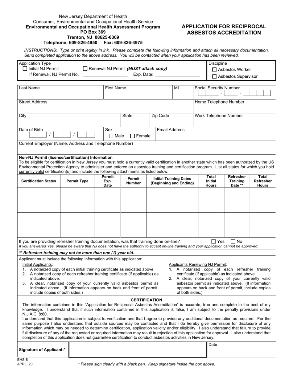 Form EHS-6 Application for Reciprocal Asbestos Accreditation - New Jersey, Page 2
