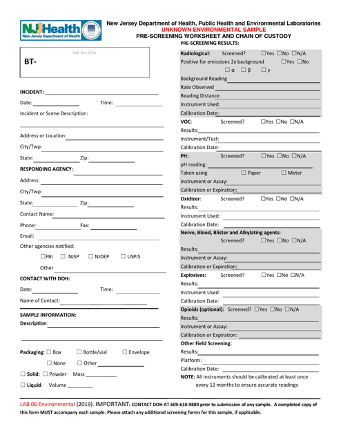 Document preview: Form LAB06 ENVIRONMENTAL Unknown Environmental Sample Pre-screening Worksheet and Chain of Custody - New Jersey
