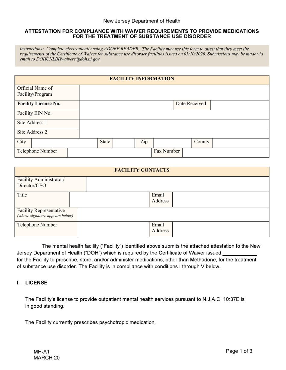 Form MH-A1 Attestation for Compliance With Wavier Requirements to Provide Medications for the Treatment of Substance Use Disorder - New Jersey, Page 1