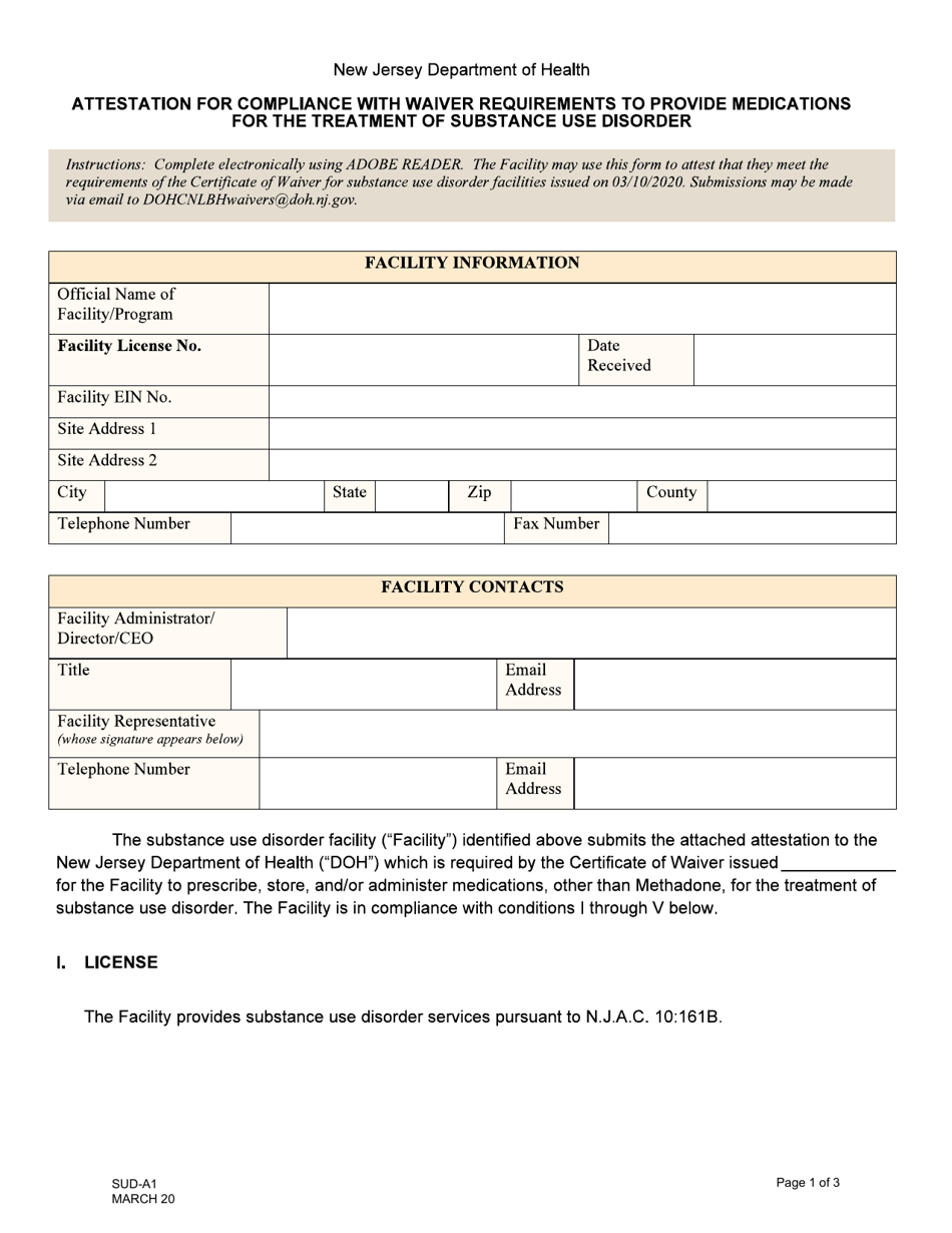 Form SUD-A1 Attestation for Compliance With Waiver Requirements to Provide Medications for the Treatment of Substance Use Disorder - New Jersey, Page 1