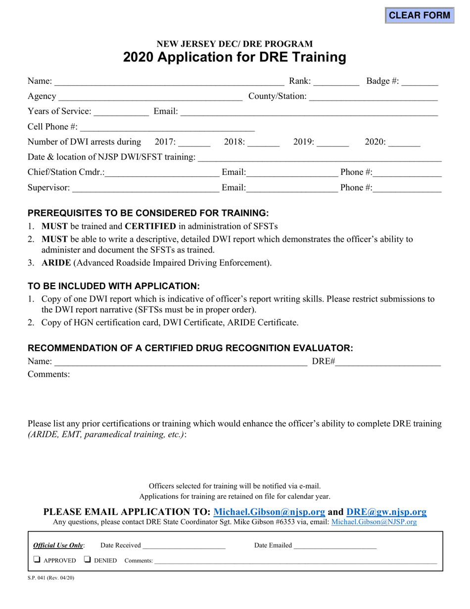 Application for Dre Training - New Jersey, Page 1