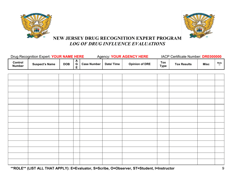 Sample New Jersey Drug Recognition Expert Program Log of Drug Influence Evaluations - New Jersey, Page 9