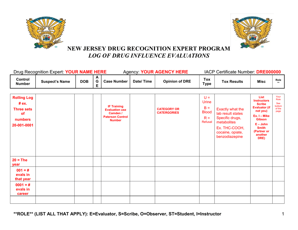 New Jersey New Jersey Drug Recognition Expert Program Log of Drug
