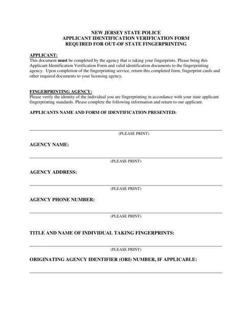 Applicant Identification Verification Form Required for Out-of-State Fingerprinting - New Jersey Download Pdf