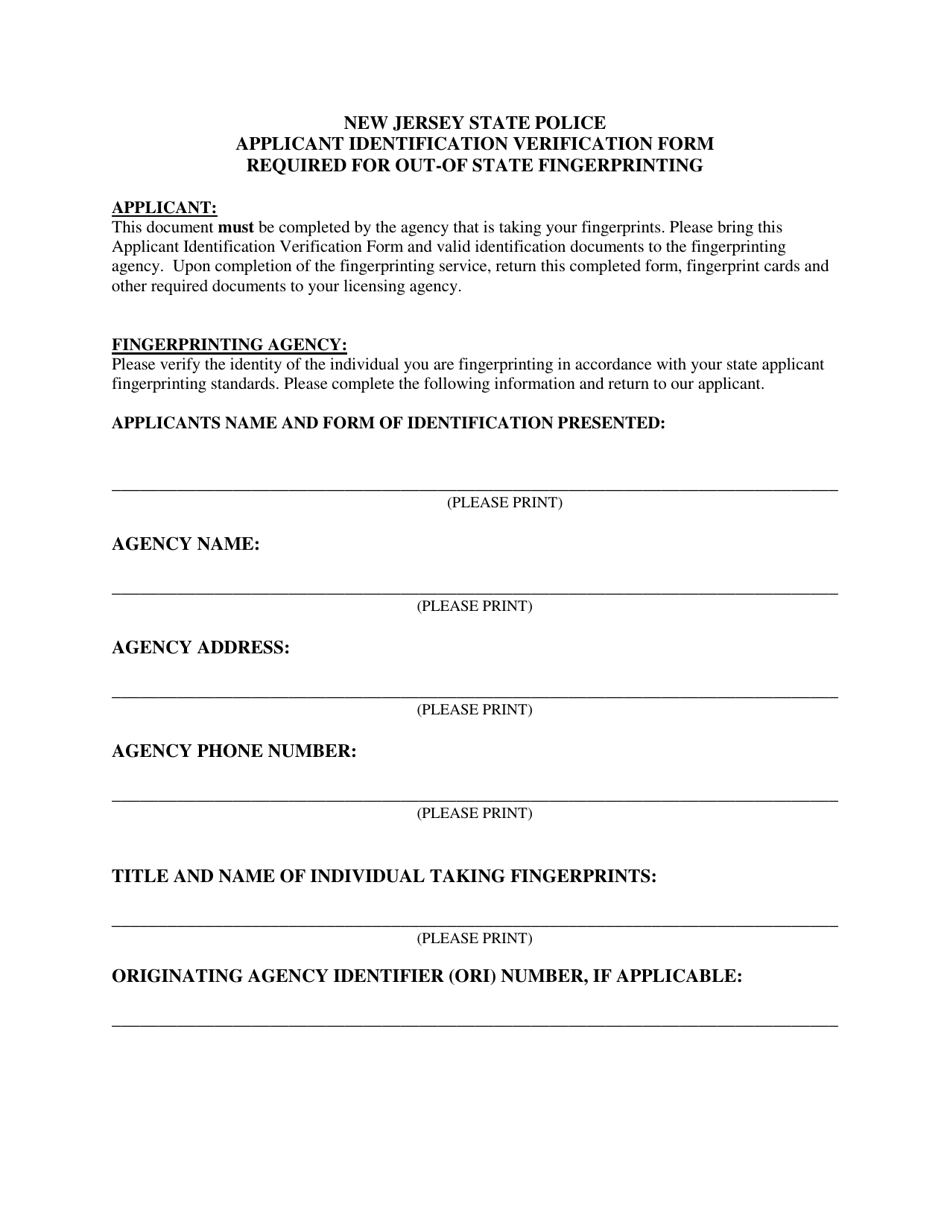 Applicant Identification Verification Form Required for Out-of-State Fingerprinting - New Jersey, Page 1