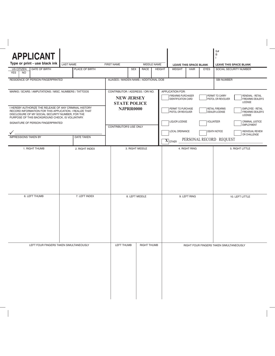 Form SBI-19 State of New Jersey Manual Fingerprint Card - New Jersey, Page 1