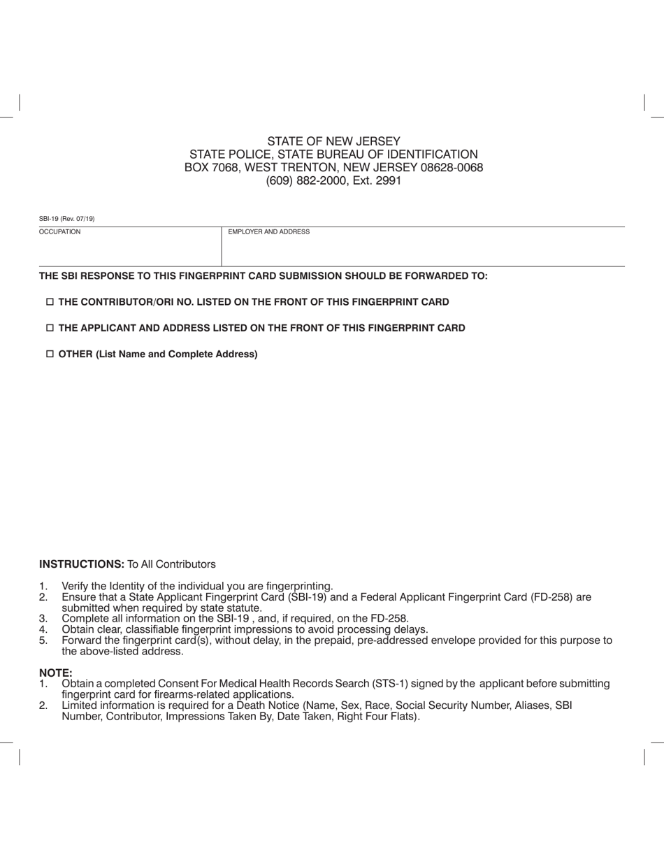 Form SBI-19 State of New Jersey Manual Fingerprint Card - New Jersey, Page 2