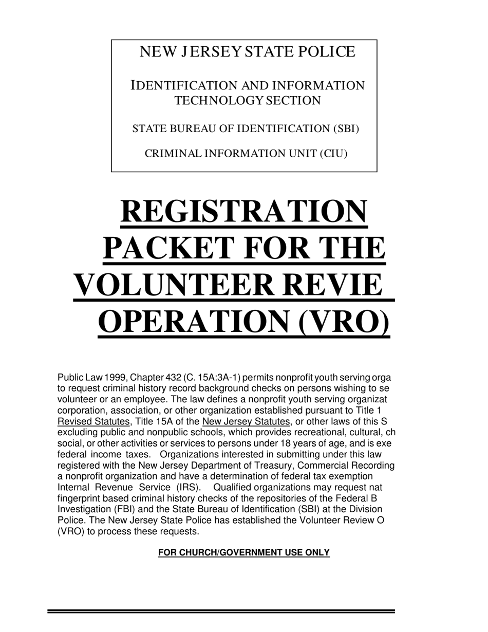 Registration Packet for the Volunteer Review Operation (Vro) - New Jersey, Page 1
