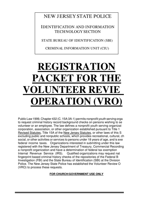 Registration Packet for the Volunteer Review Operation (Vro) - New Jersey