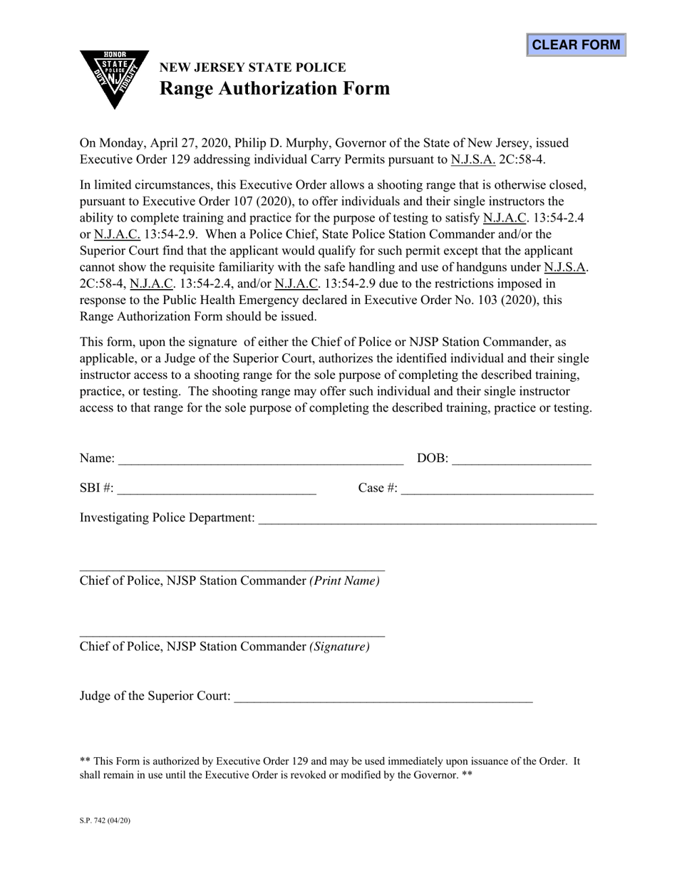 Form S.P.742 Range Authorization Form - New Jersey, Page 1