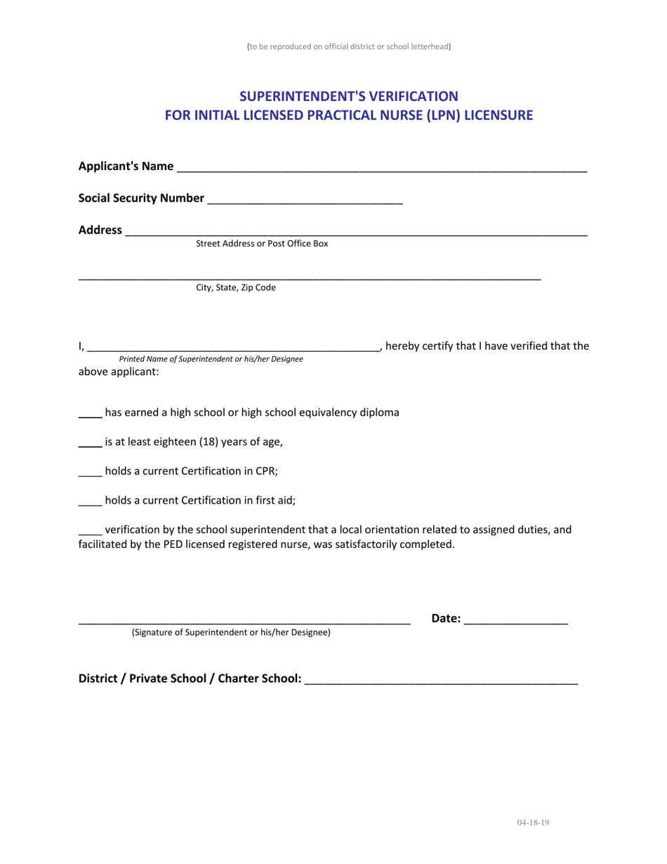 Superintendents Verification for Initial Licensed Practical Nurse (Lpn) Licensure - New Mexico, Page 1