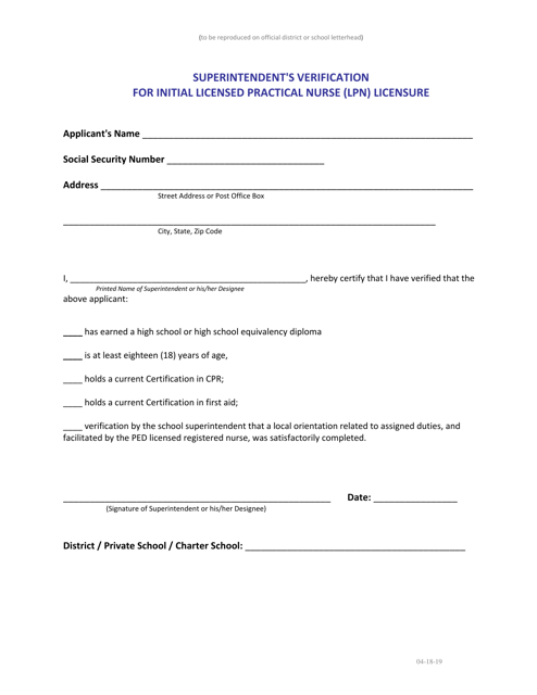 Superintendent's Verification for Initial Licensed Practical Nurse (Lpn) Licensure - New Mexico Download Pdf