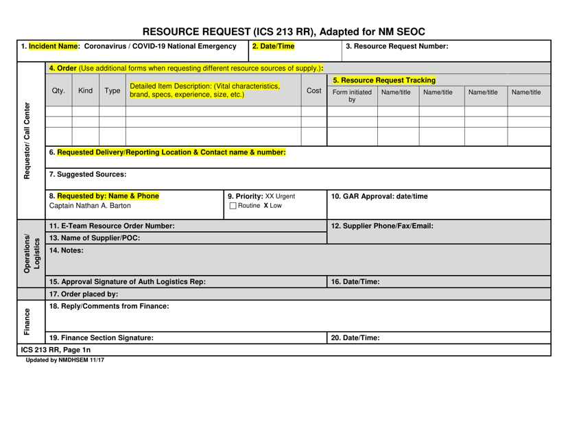 Resource Request (ICS 213 Rr), Adapted for Nm Seoc - New Mexico