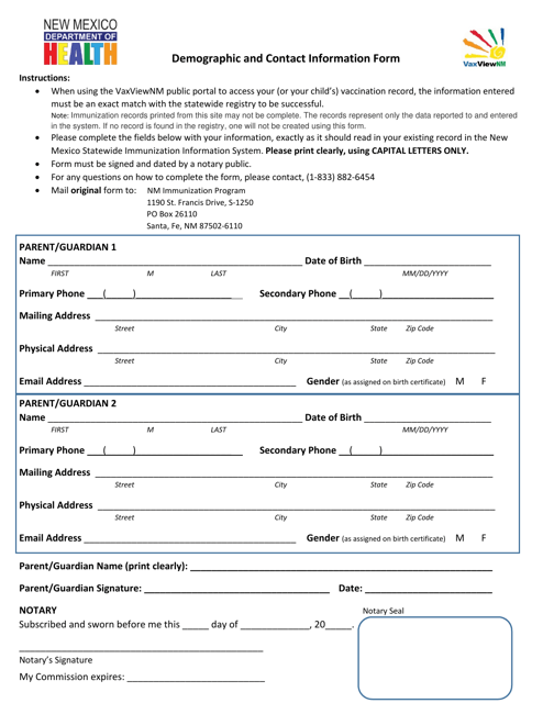 Demographic and Contact Information Form - New Mexico Download Pdf