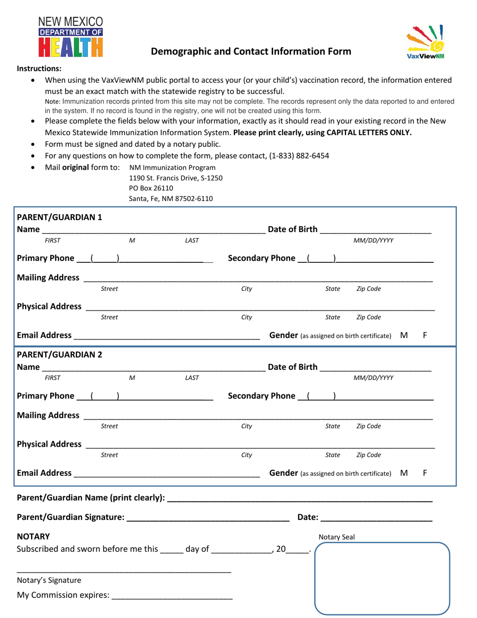 Demographic and Contact Information Form - New Mexico, Page 1