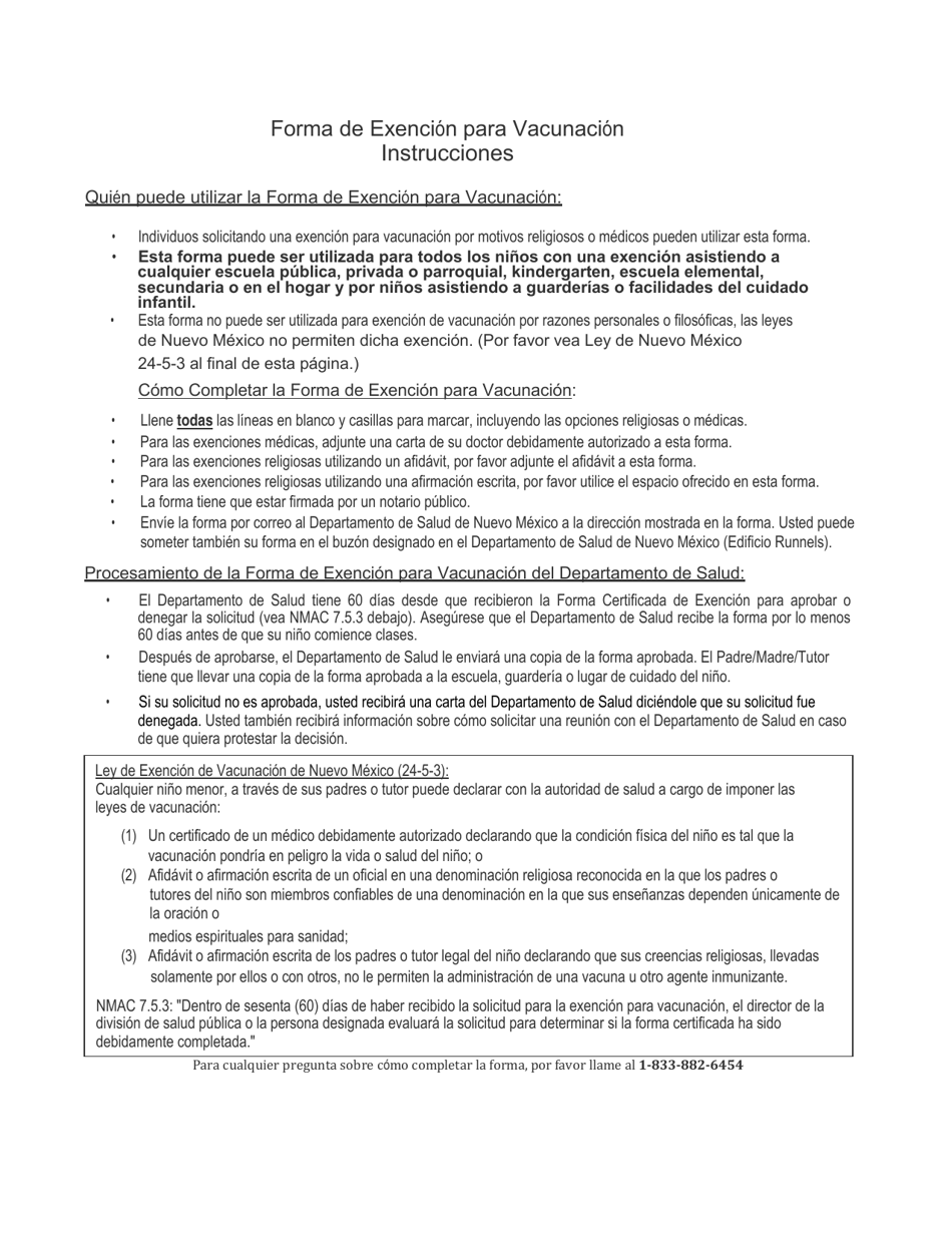 Certificado De Exencion De Los Requisitos De Vacunacion Escolar / Guarderias - New Mexico (Spanish), Page 1